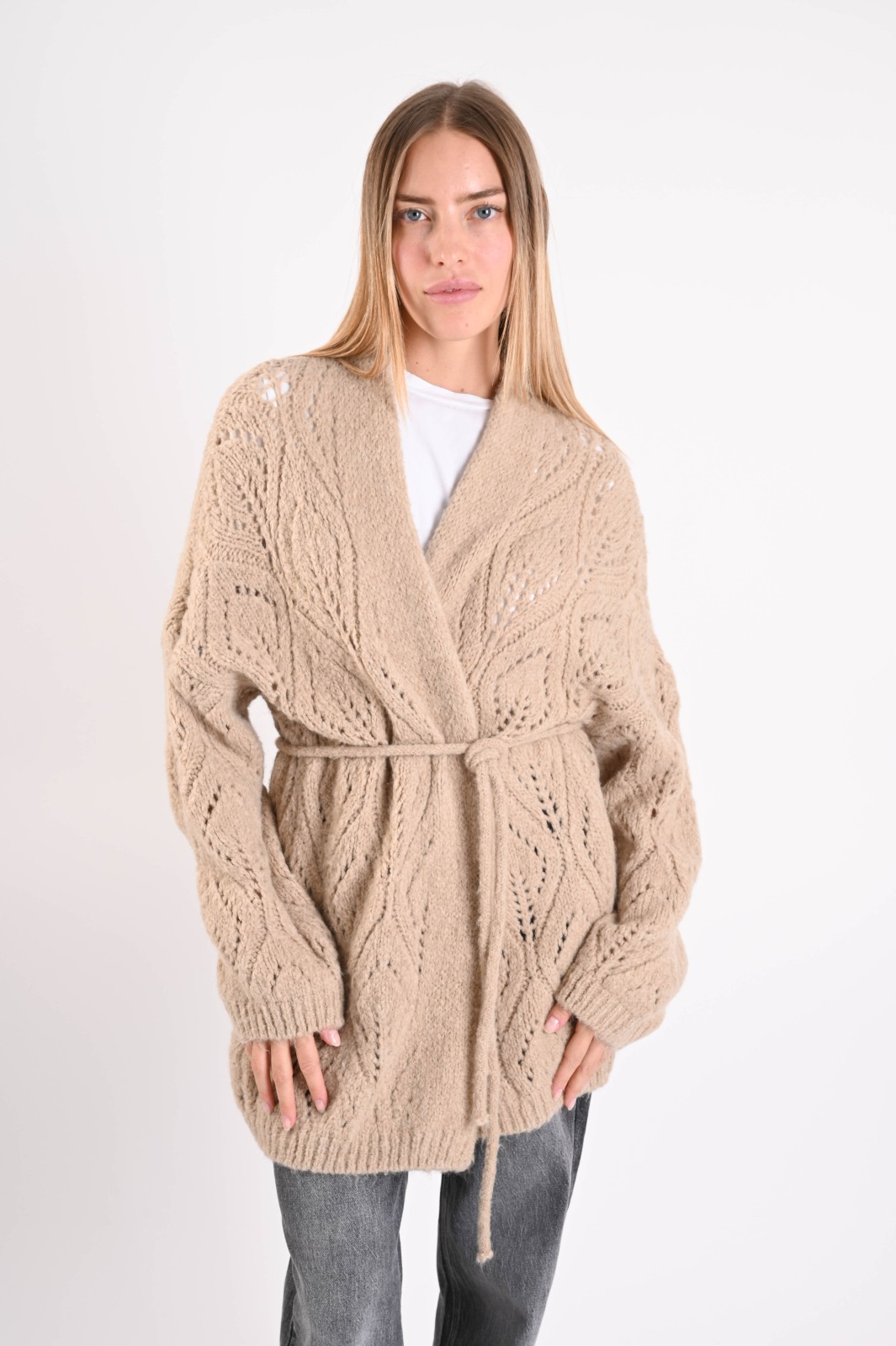 CARDIGAN LUNGO TRAFORATO CON CINTURA