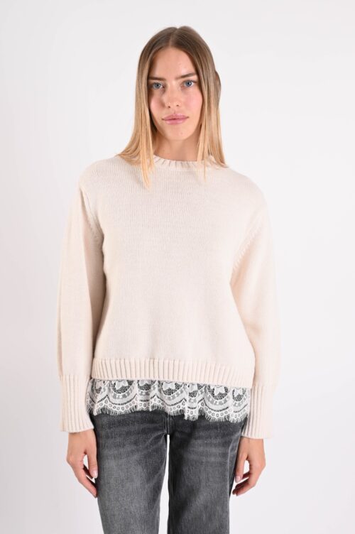 MAGLIONE SCOLLO ROTONDO CON INSERTO IN PIZZO SUL FONDO