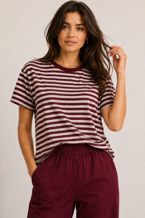 T-SHIRT A RIGHE IN MISTO LINO E TESSUTO EFFETTO MELANGE