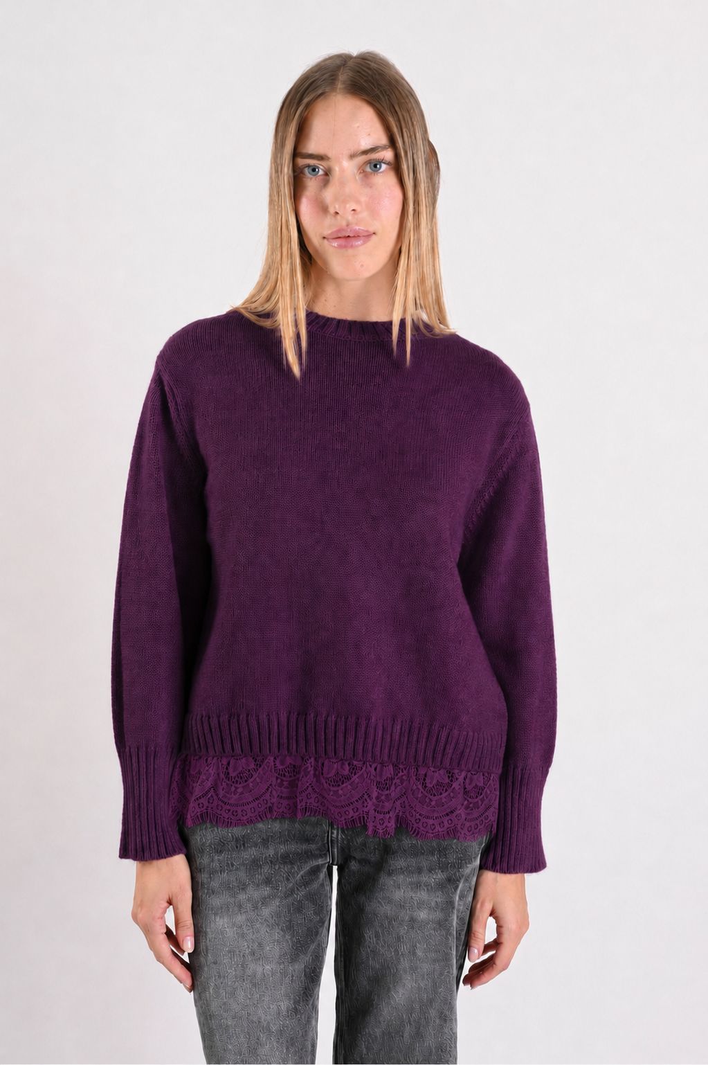 bb90b78d-dd2e-4a45-abe9-4864dbe0a735 MAGLIONE SCOLLO ROTONDO CON INSERTO IN PIZZO SUL FONDO - Bordeaux, TU