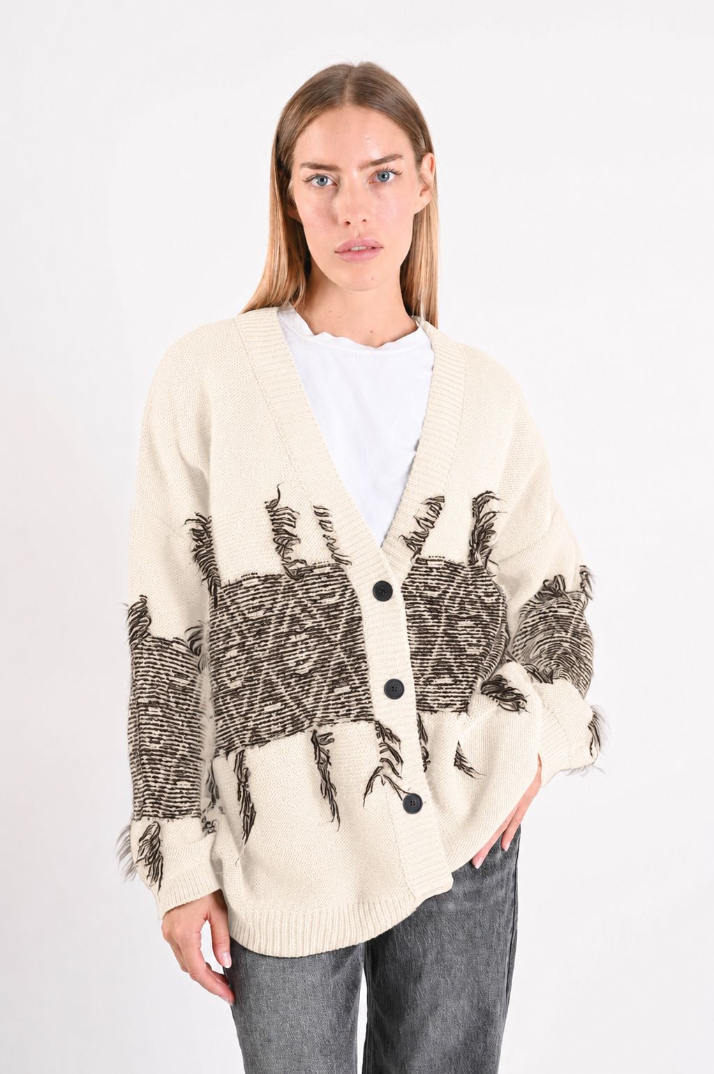 e33608b1-f155-4cd9-9d38-44f1acb39e62 CARDIGAN JACQUARD CON FRANGE - Panna, TU