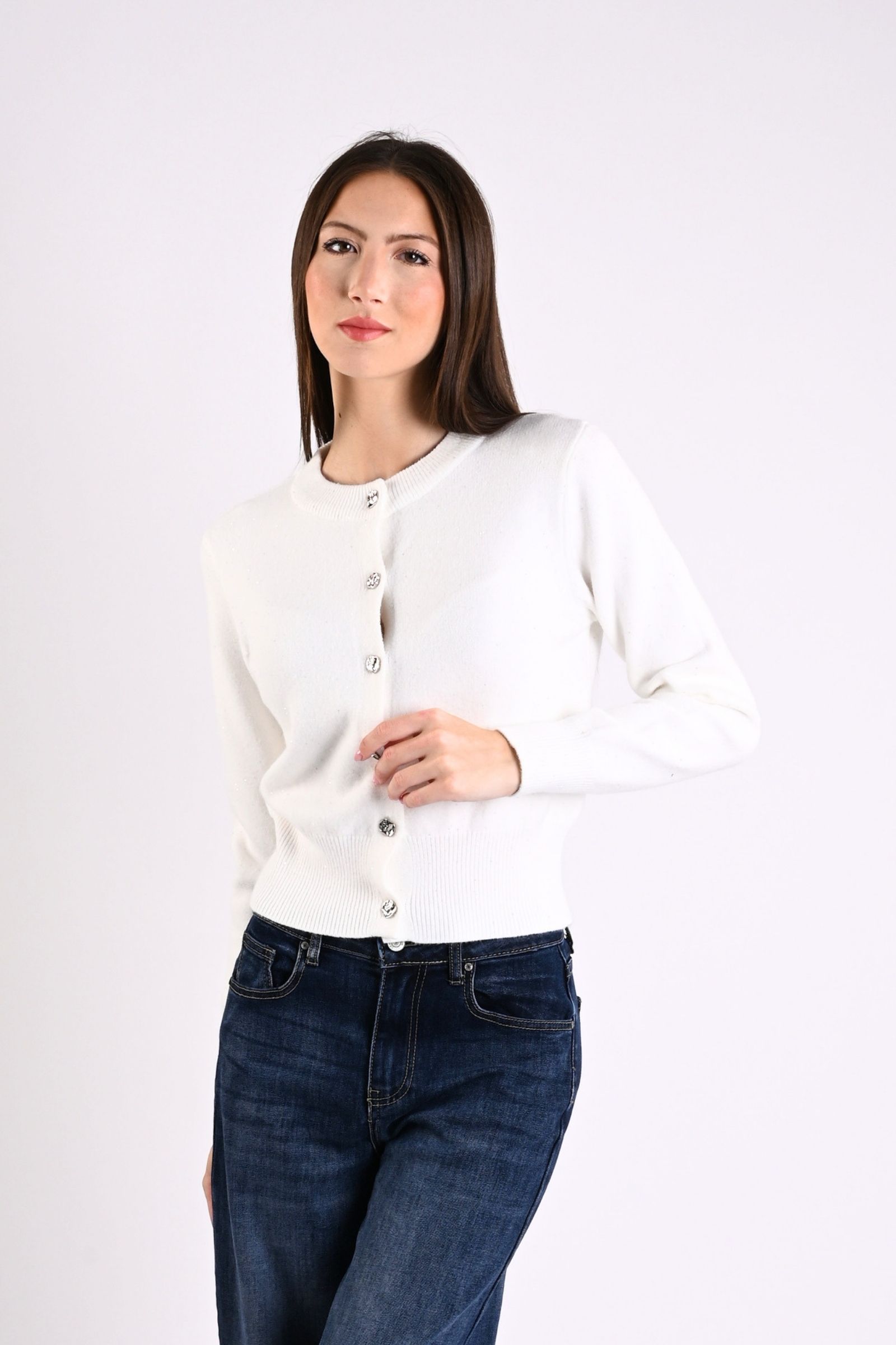 11 CARDIGAN CON MICROPAILLETTES E BOTTONI EFFETTO MARTELLATO - Panna, TU