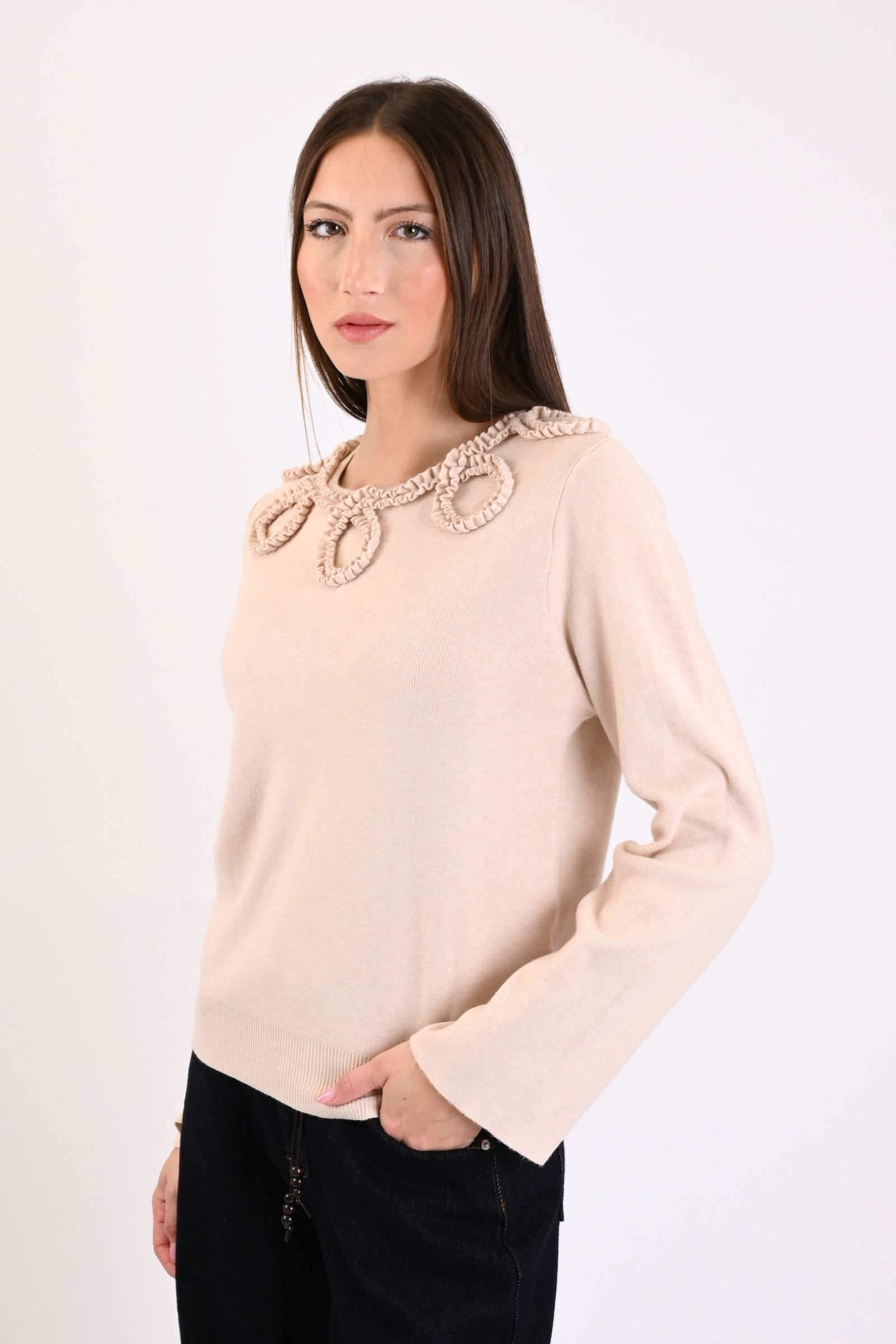 129 MAGLIA CON APPLICAZIONI FLOREALI 3D - Beige, TU