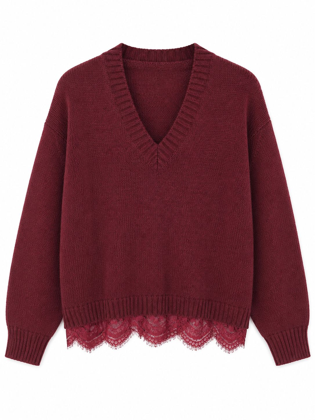 134a60d9-bf8b-4513-9b42-fbe89abcb689 MAGLIONE CON SCOLLO A V E INSERTO IN PIZZO SUL FONDO - Bordeaux, TU