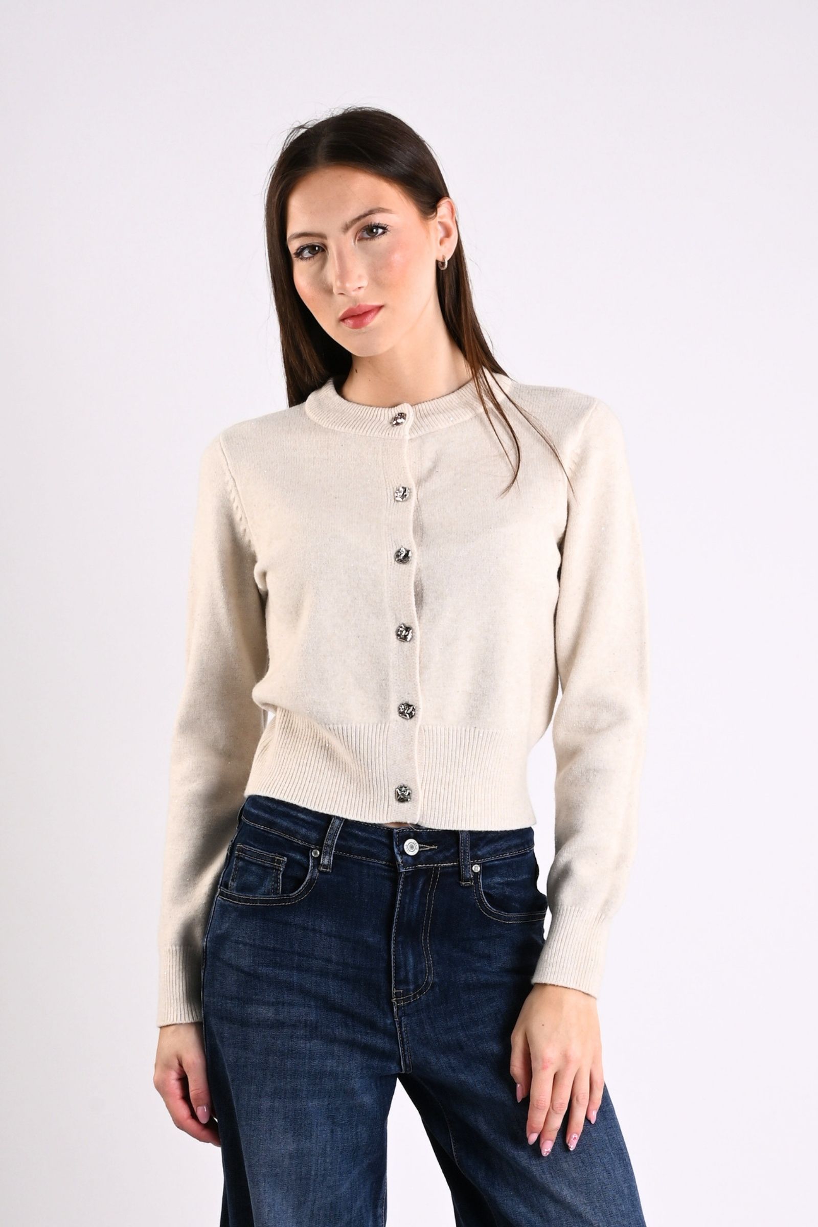 14 CARDIGAN CON MICROPAILLETTES E BOTTONI EFFETTO MARTELLATO - Gesso, TU