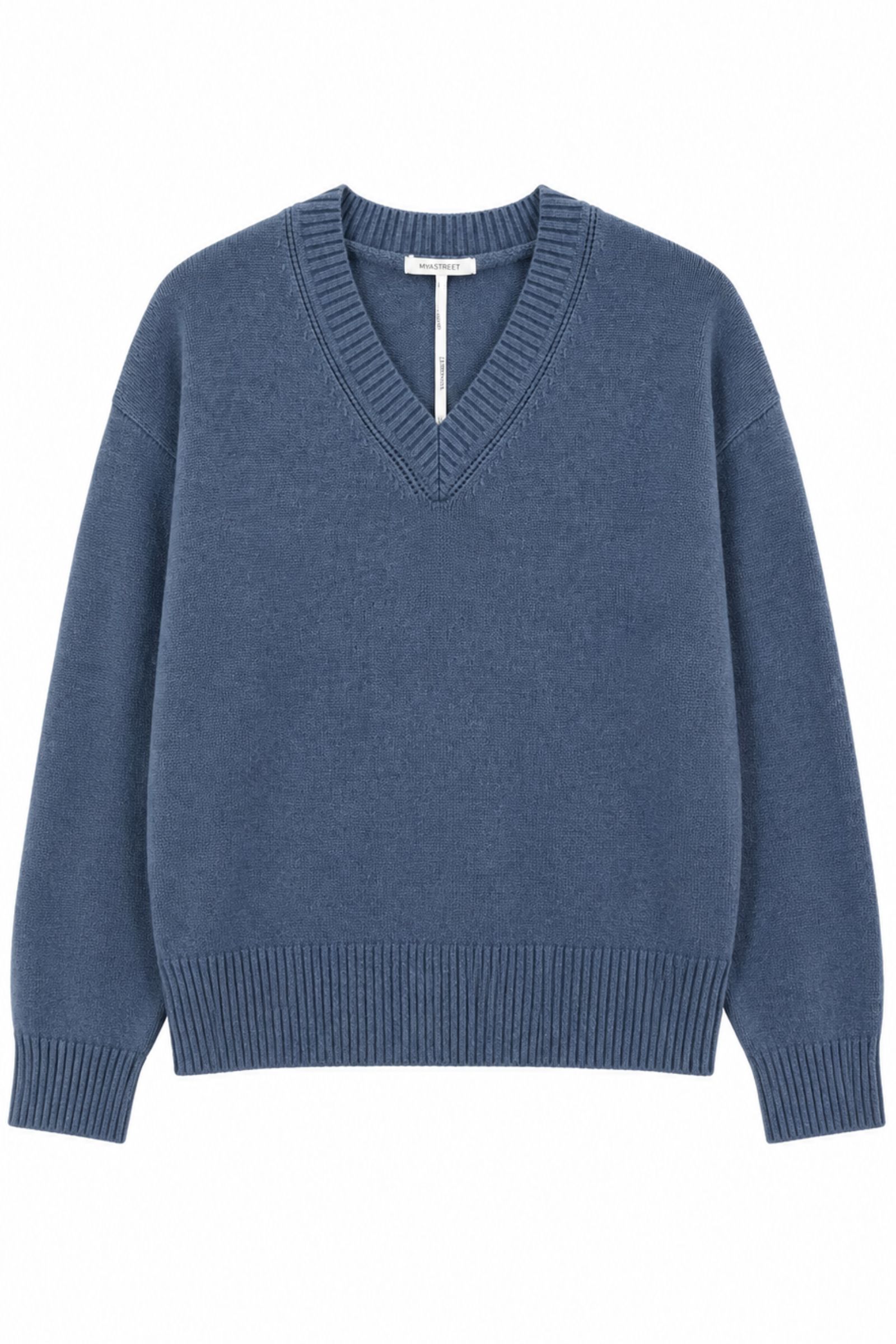 142 MAGLIA SCOLLO A V CON RIFINITURE A COSTINE - Denim, TU
