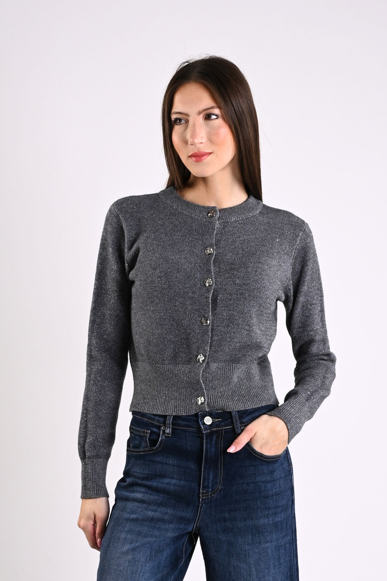 15 CARDIGAN CON MICROPAILLETTES E BOTTONI EFFETTO MARTELLATO - Grigio, TU