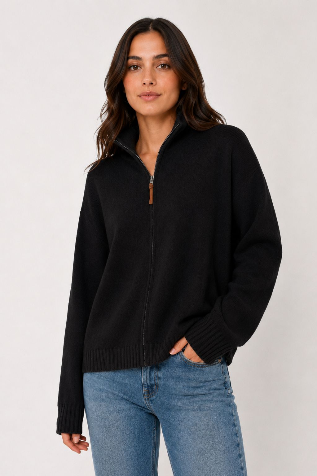 1c1e6b4e-f95c-4327-97cd-0283a82c1746 CARDIGAN CON ZIP E COLLO ALTO - Negro, TU