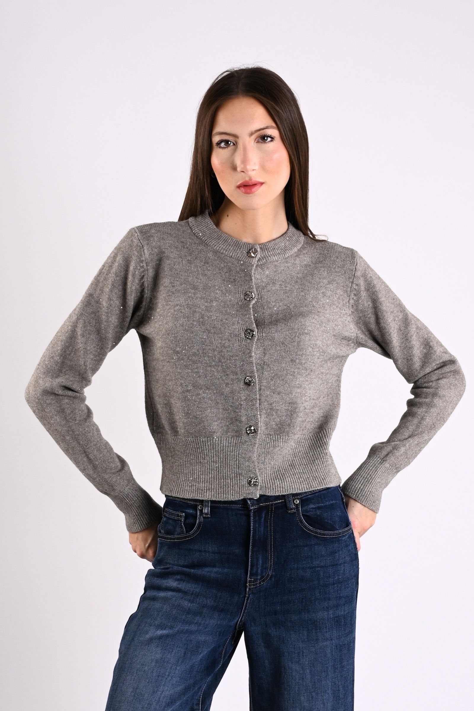 6 CARDIGAN CON MICROPAILLETTES E BOTTONI EFFETTO MARTELLATO - Tortora, TU