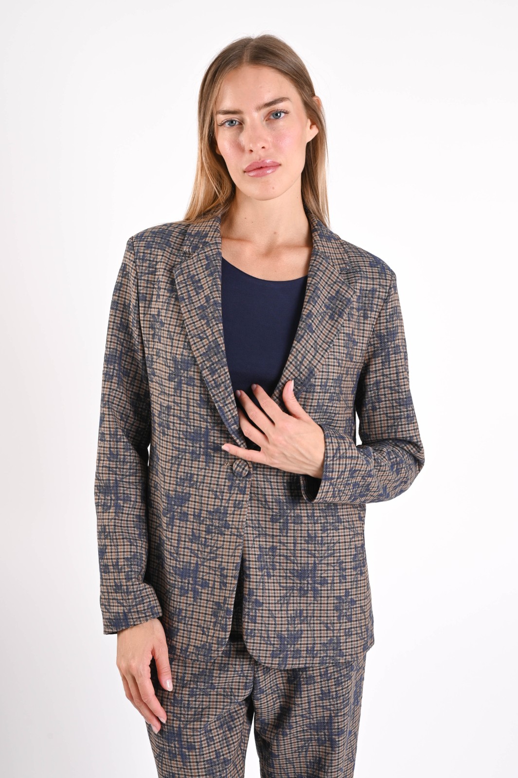 AM926-06_BLU GIACCA A QUADRI CON RICAMO FLOREALE - Blu, L