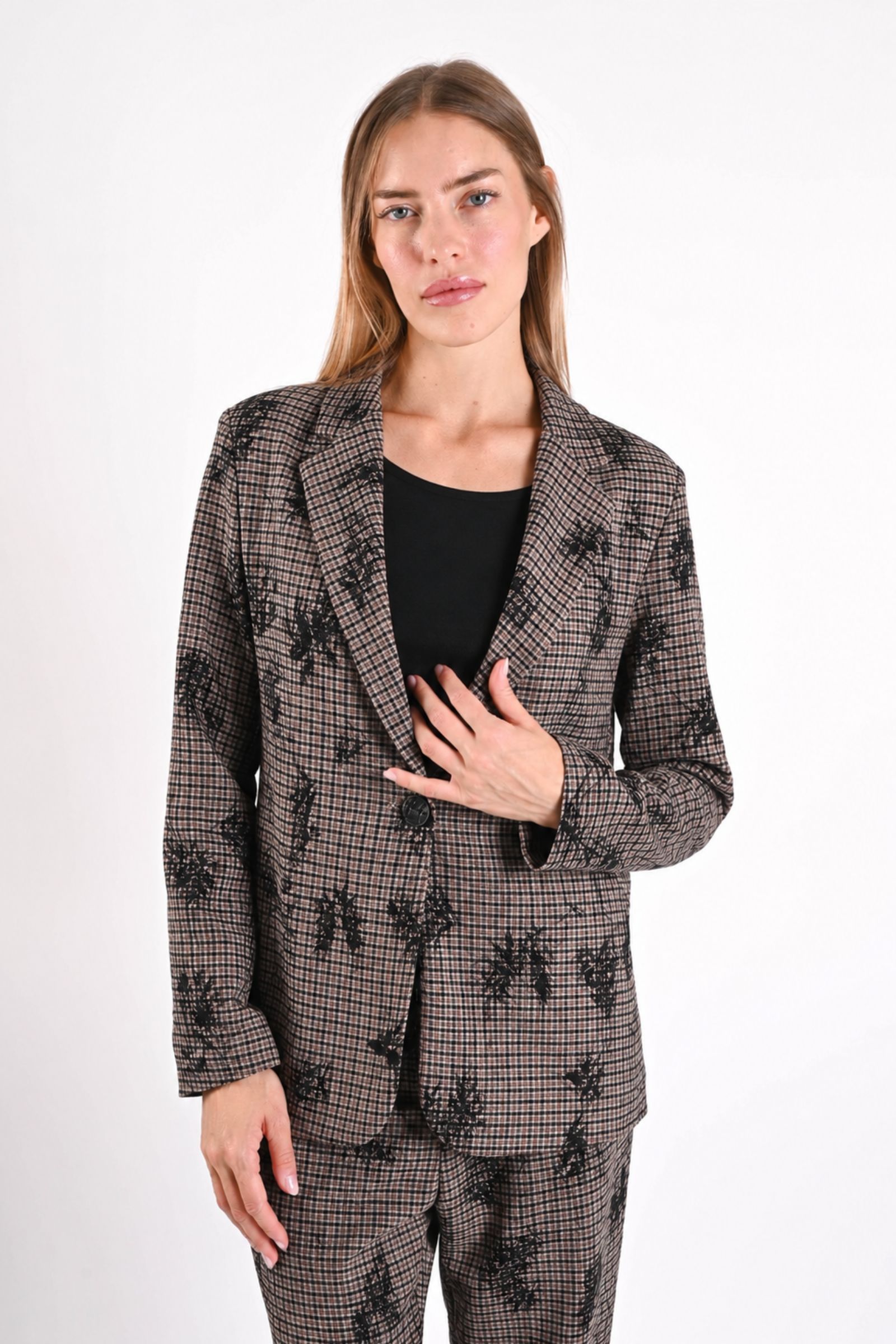 AM926-06_NERO GIACCA A QUADRI CON RICAMO FLOREALE - Nero, XL