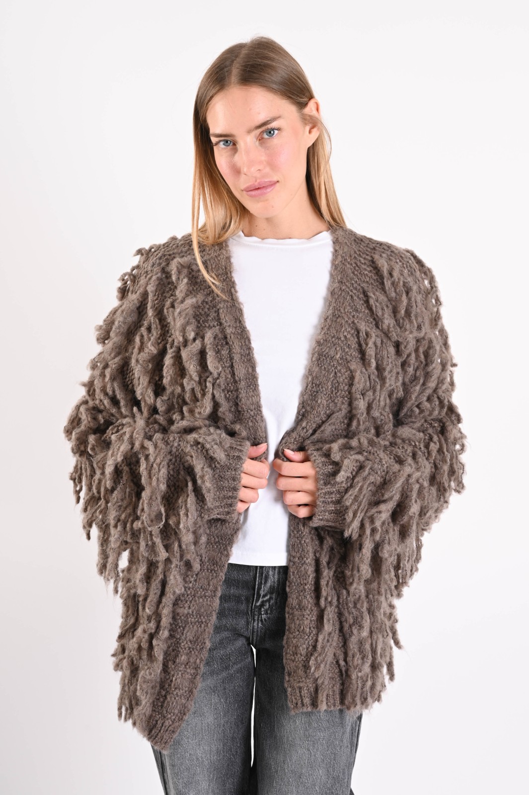 F21723-06_FANGO CARDIGAN MORBIDO CON FRANGE - Fango, TU