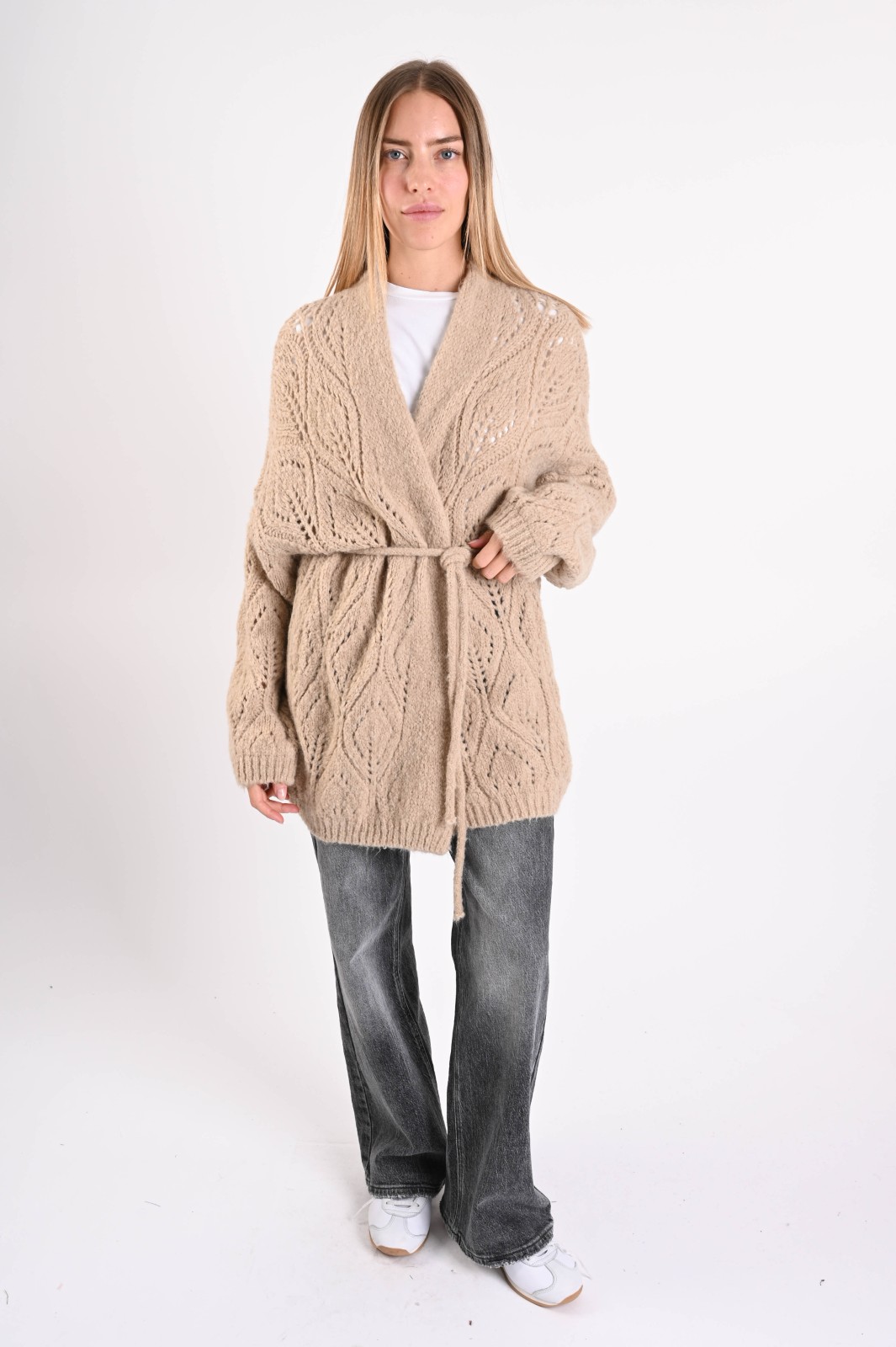 CARDIGAN LUNGO TRAFORATO CON CINTURA - immagine 4