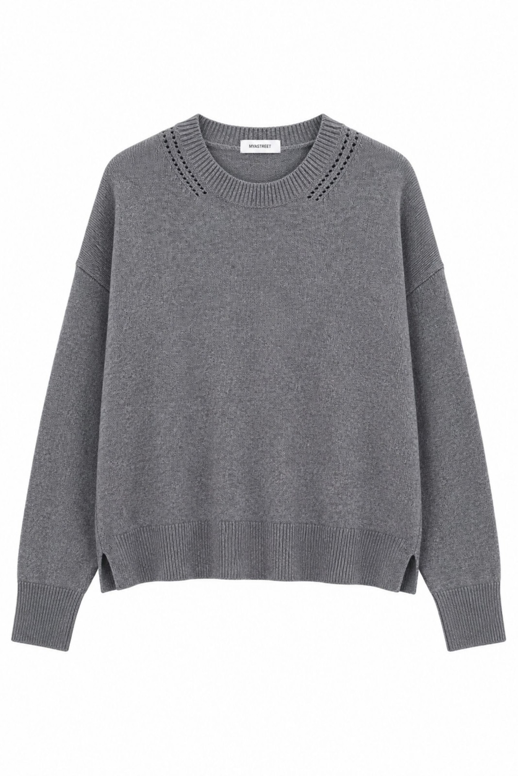 M9653-06_GRIGIO MAGLIA CON DETTAGLIO TRAFORATO SUL COLLO - Grigio, TU