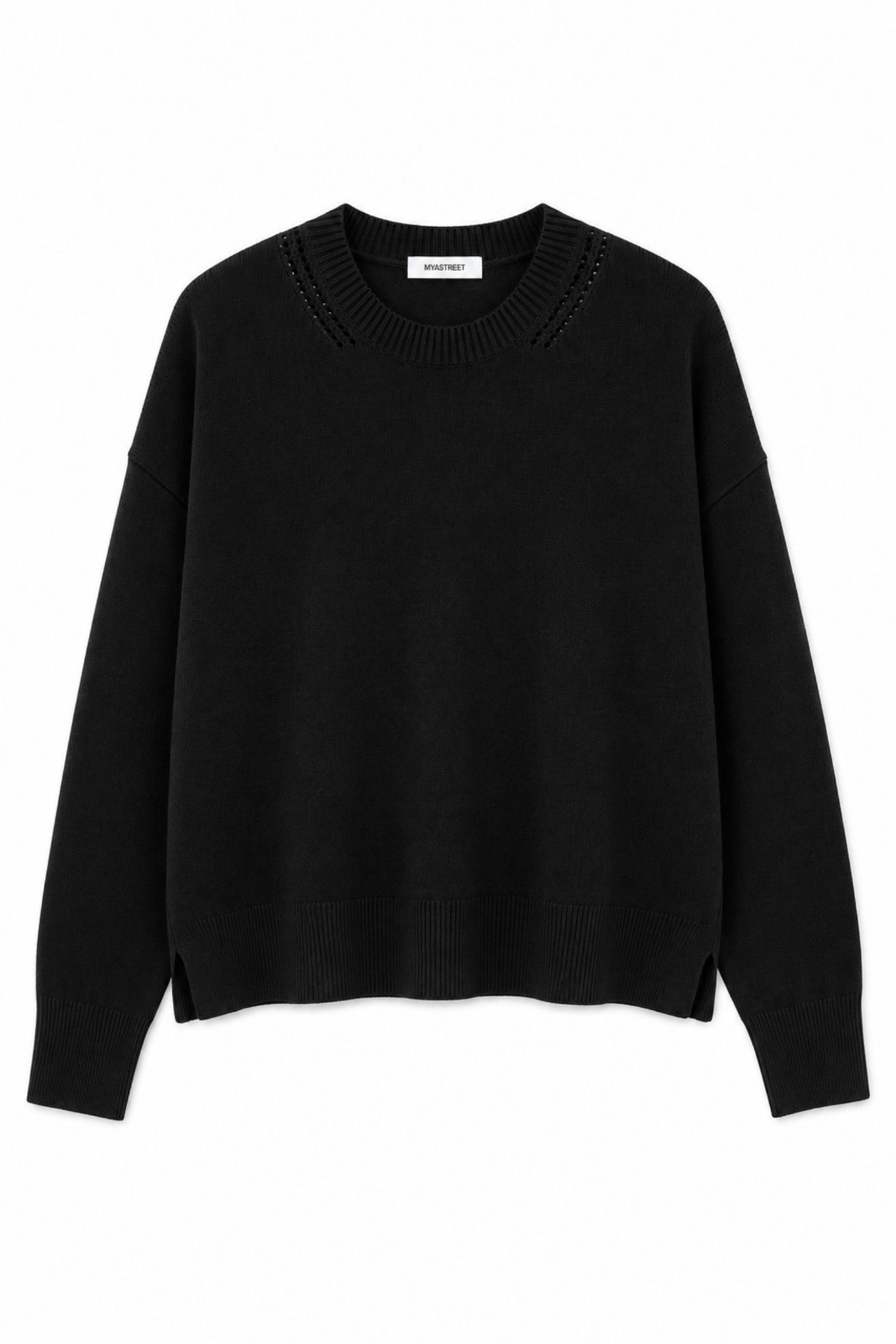 M9653-06_NERO MAGLIA CON DETTAGLIO TRAFORATO SUL COLLO - Nero, TU