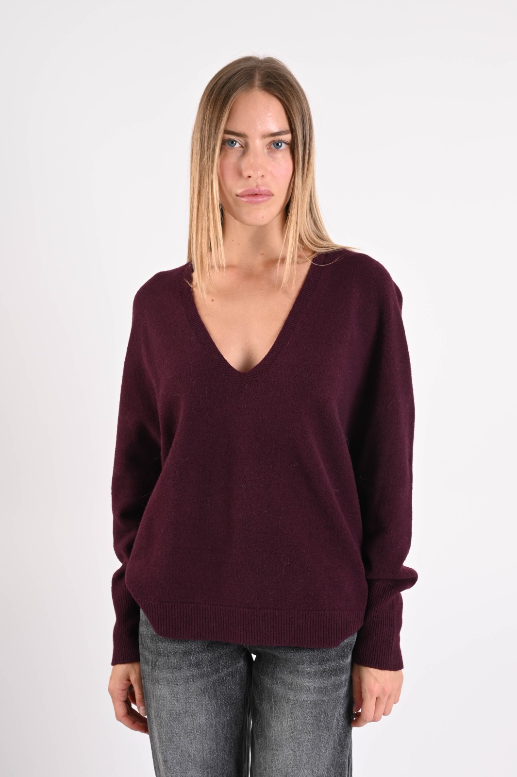 MD05162-06_BORDEAUX MAGLIONE MORBIDO CON SCOLLO A V - Bordeaux, TU