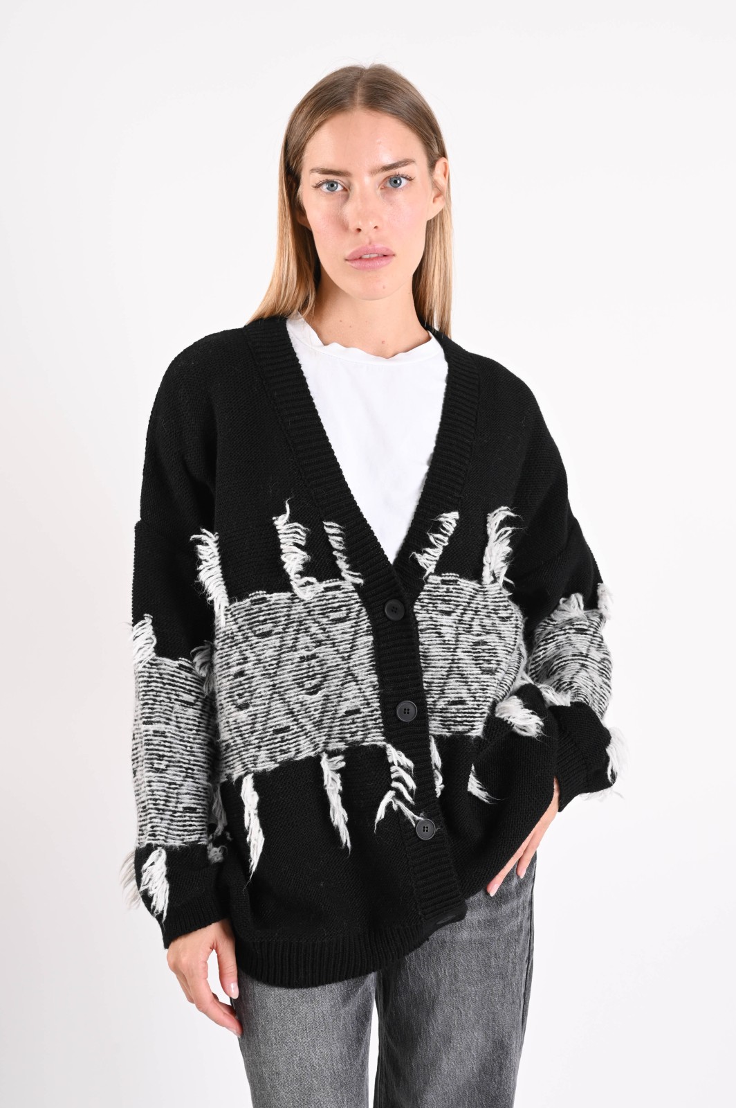 MN11558-06_NERO CARDIGAN JACQUARD CON FRANGE - Nero, TU