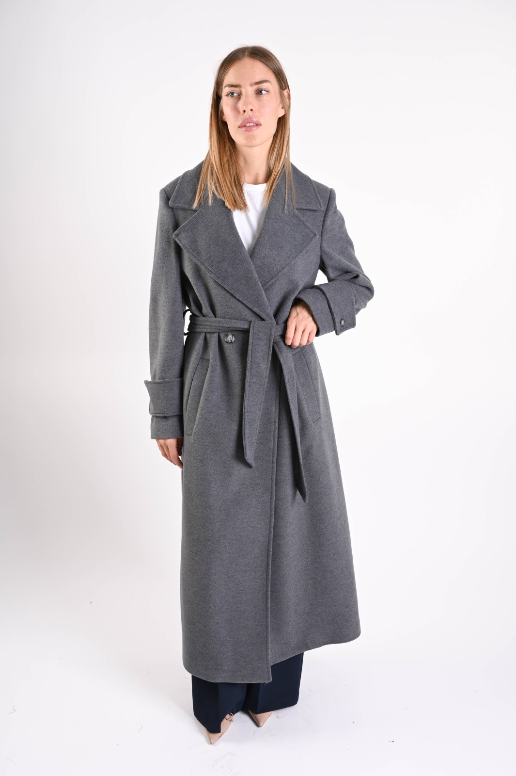 MS01-06_GRIGIO CAPPOTTO LUNGO CON CINTURA - Grigio, S