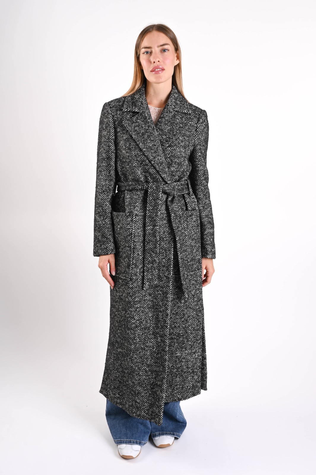 MS02-06_NERO CAPPOTTO LUNGO A SPINA DI PESCE CON CINTURA - Nero, M
