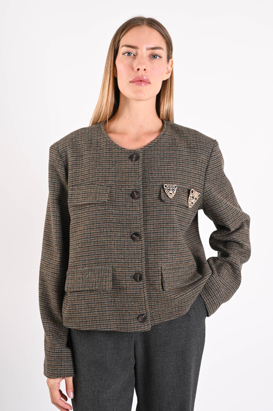 SCG0552-06_VERDE GIACCA CORTA IN MISTO LANA CON SPILLE DECORATIVE - Green, S
