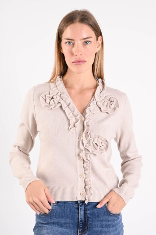 CARDIGAN CON VOLANT E FIORI APPLICATI