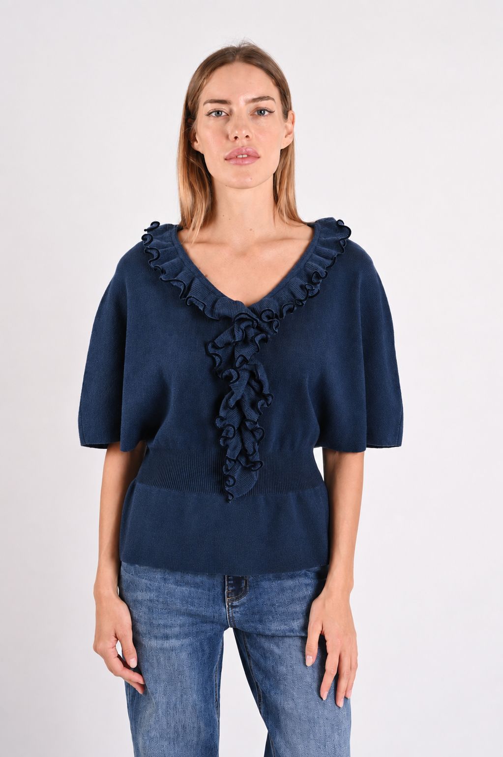 c9f8bfef-ae0c-404c-a65e-f5c396cc4f6d MAGLIA CON VOLANT SULLO SCOLLO - Blu, TU