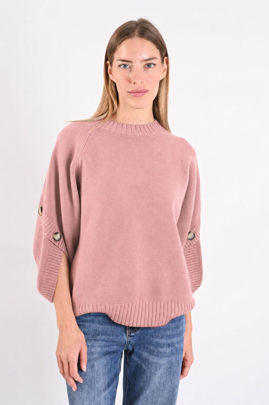 ebe852c0-f8d7-4b19-a323-963293971470 MAGLIONE MORBIDO CON MANICHE A 3/4 E BOTTONI - Rosa, TU