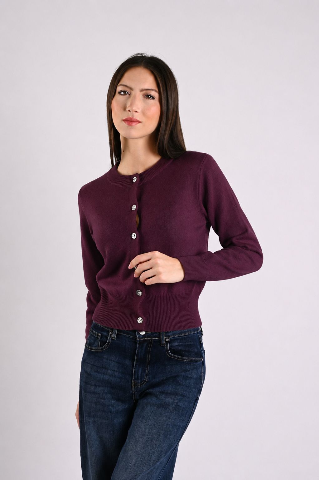 prugna CARDIGAN CON MICROPAILLETTES E BOTTONI EFFETTO MARTELLATO - Prugna, TU
