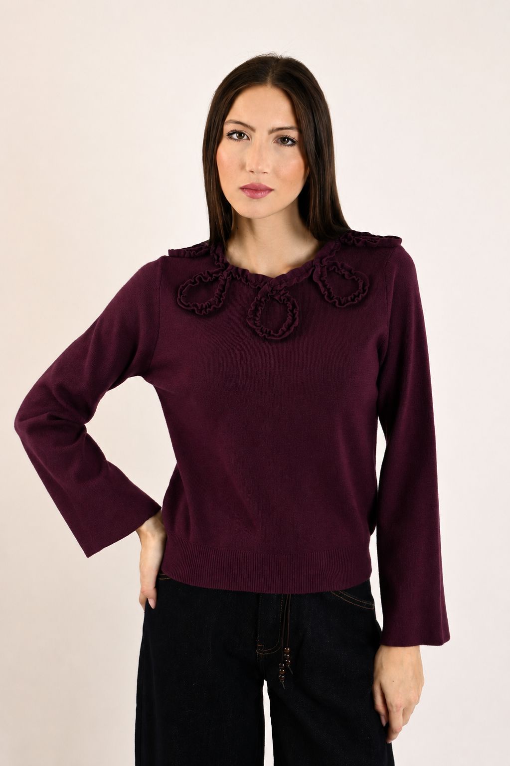 0c9cad9c-37bb-4131-ae0e-609b1ded7f0d MAGLIA CON APPLICAZIONI FLOREALI 3D - Prune, TU