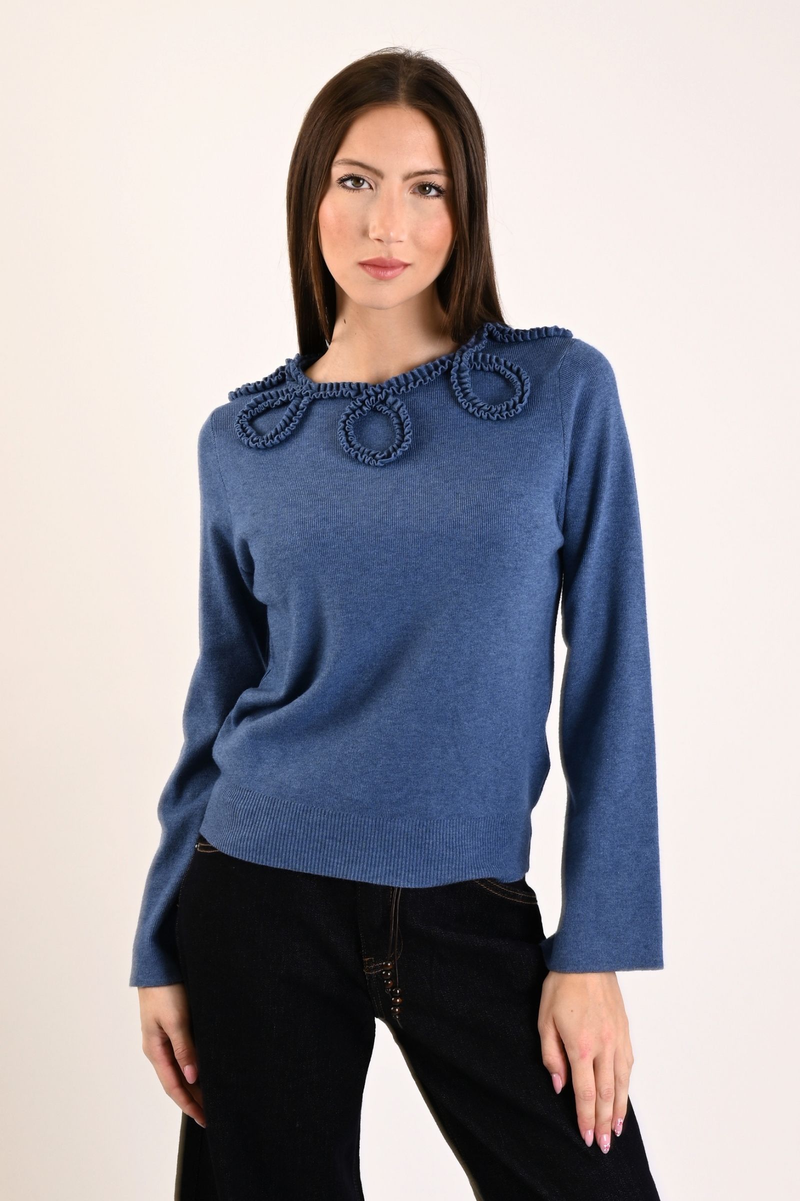 138 MAGLIA CON APPLICAZIONI FLOREALI 3D - Denim, TU