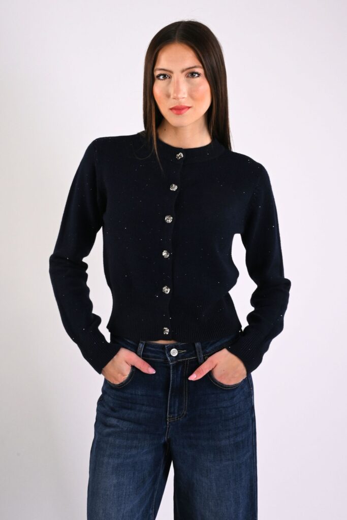 CARDIGAN CON MICROPAILLETTES E BOTTONI EFFETTO MARTELLATO 