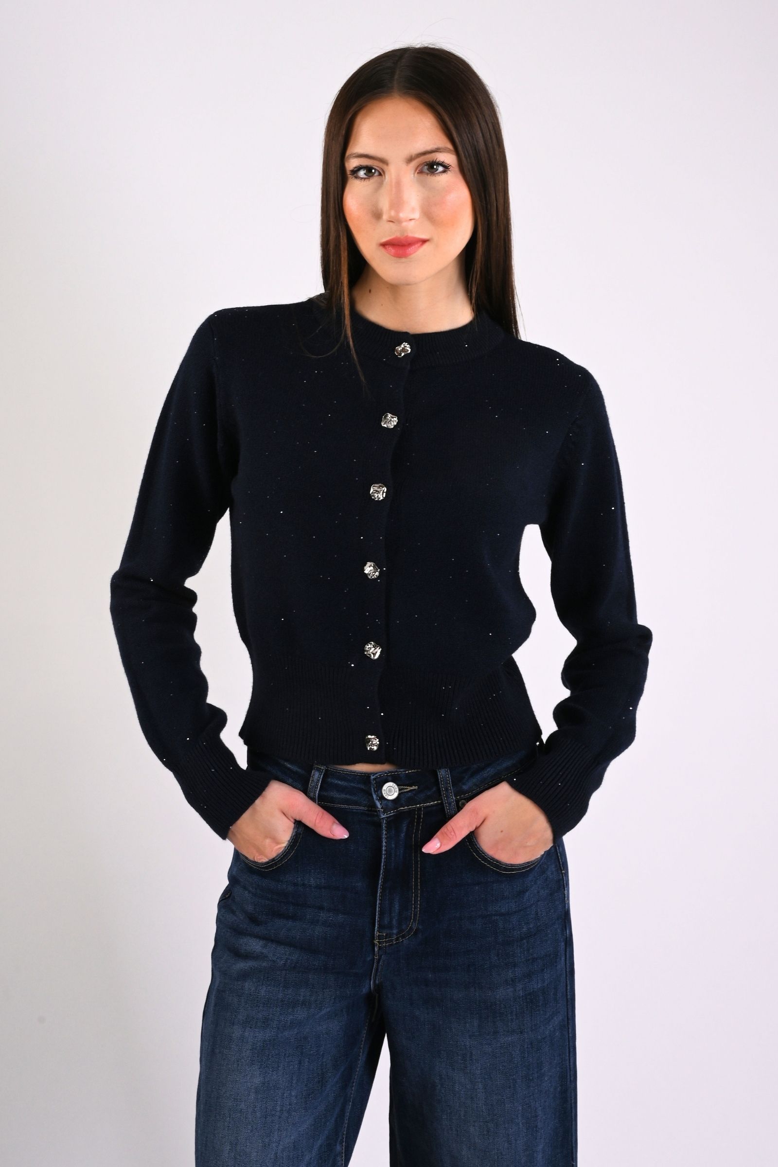 CARDIGAN CON MICROPAILLETTES E BOTTONI EFFETTO MARTELLATO