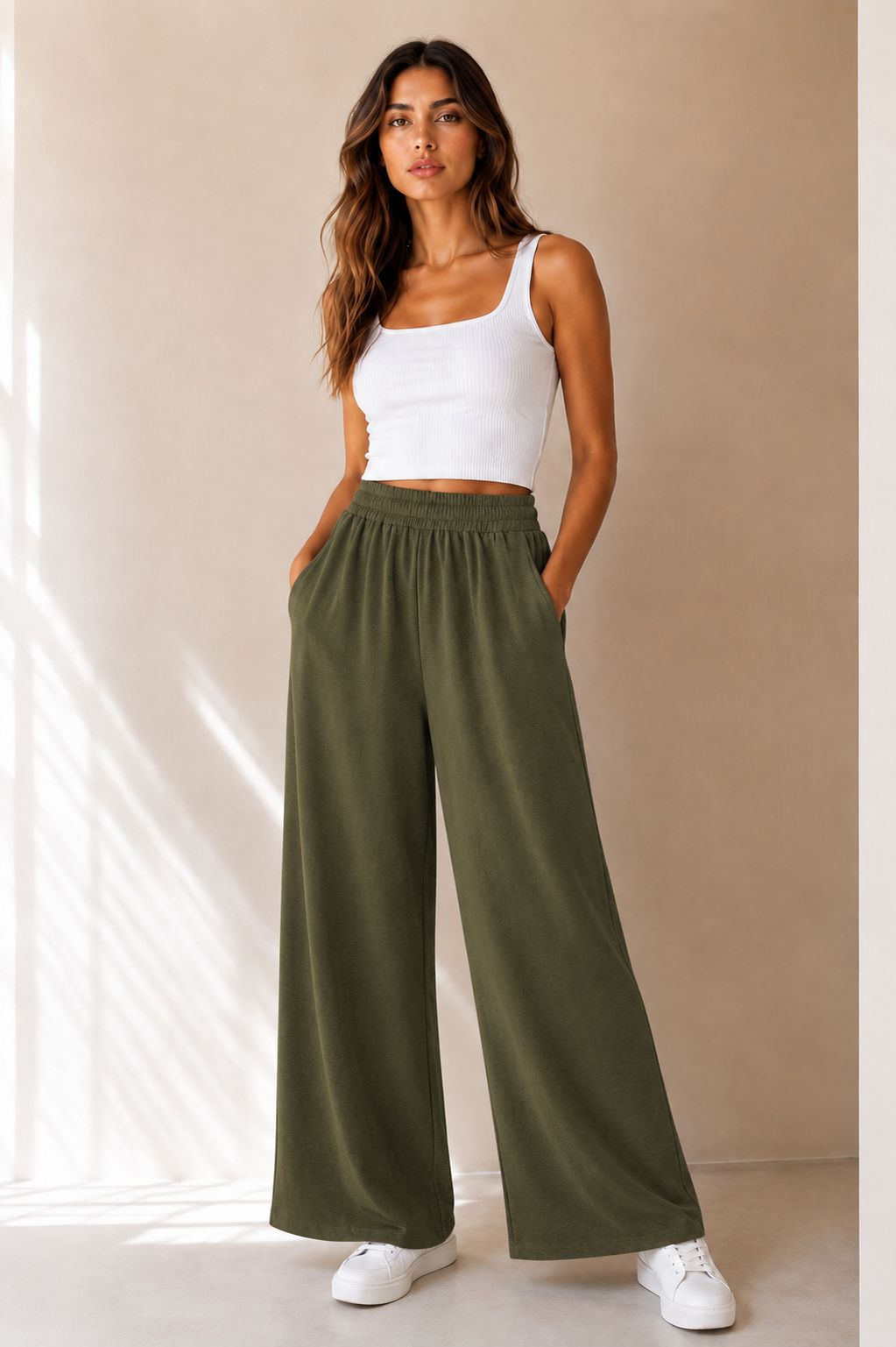 25137e35-9901-470e-9c14-eb678f44ee97 PANTALONE PALAZZO IN TESSUTO MORBIDO EFFETTO TUTA - Militär, XL