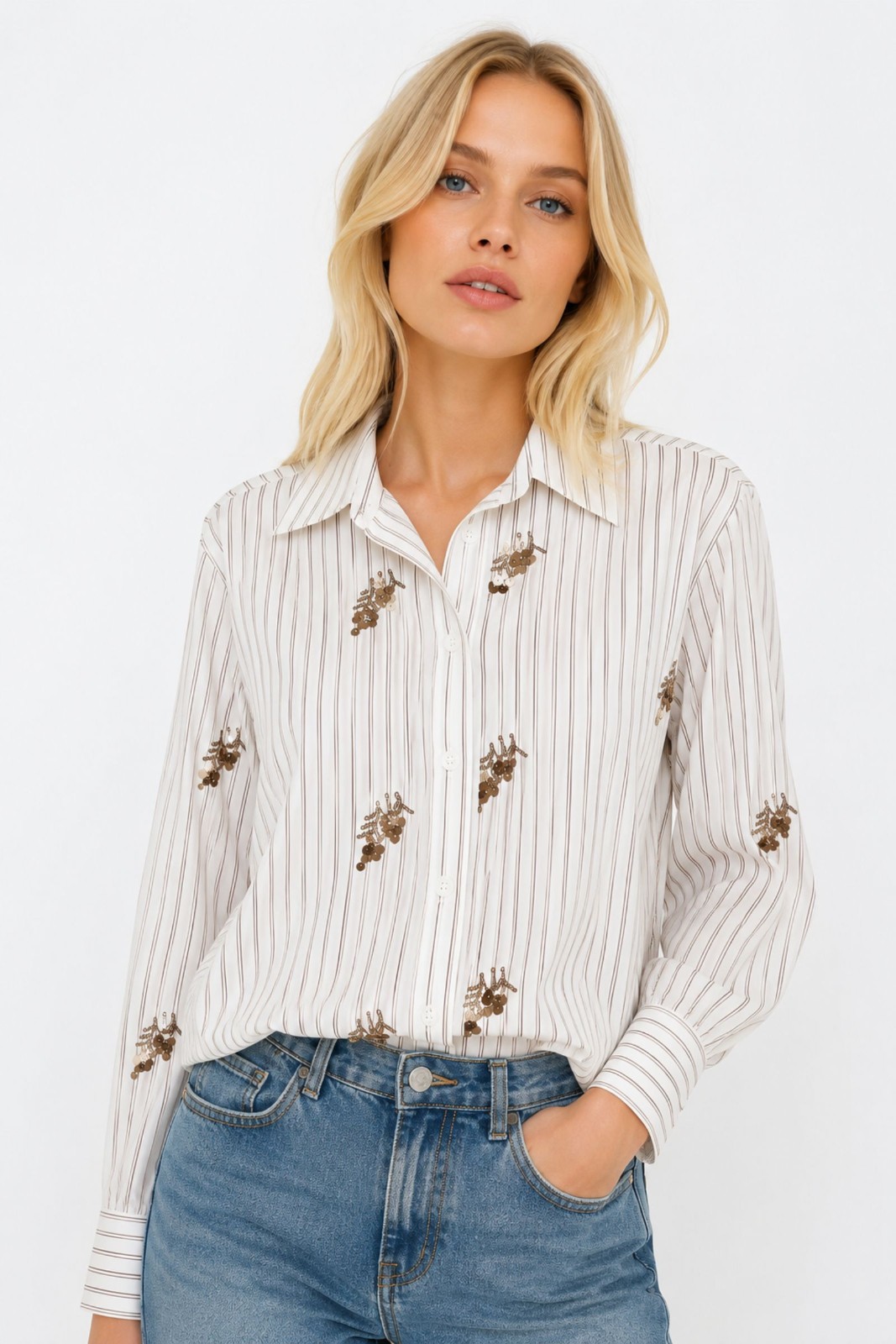 CAMICIA GESSATA CON PAILLETTES RICAMATE
