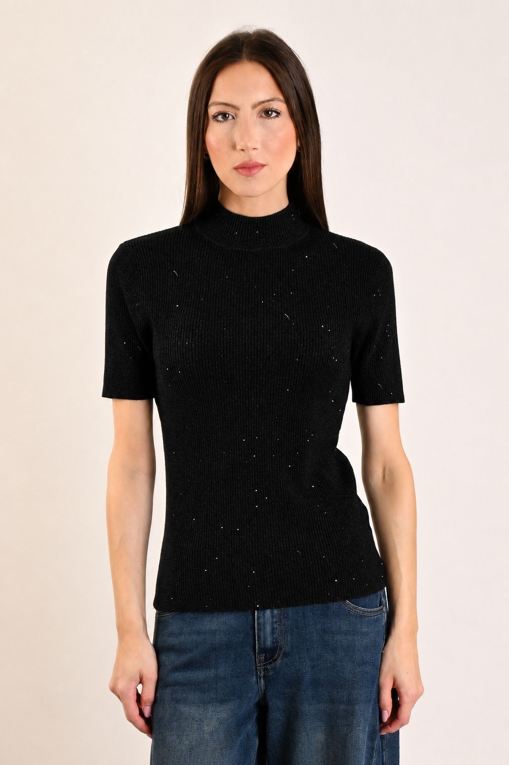 44a520f0-6bb6-4bec-a7d9-0f9cd0762760 MAGLIA MEZZE MANICHE A COSTINE ADERENTE CON MICRO PAILLETTES - Nero, TU