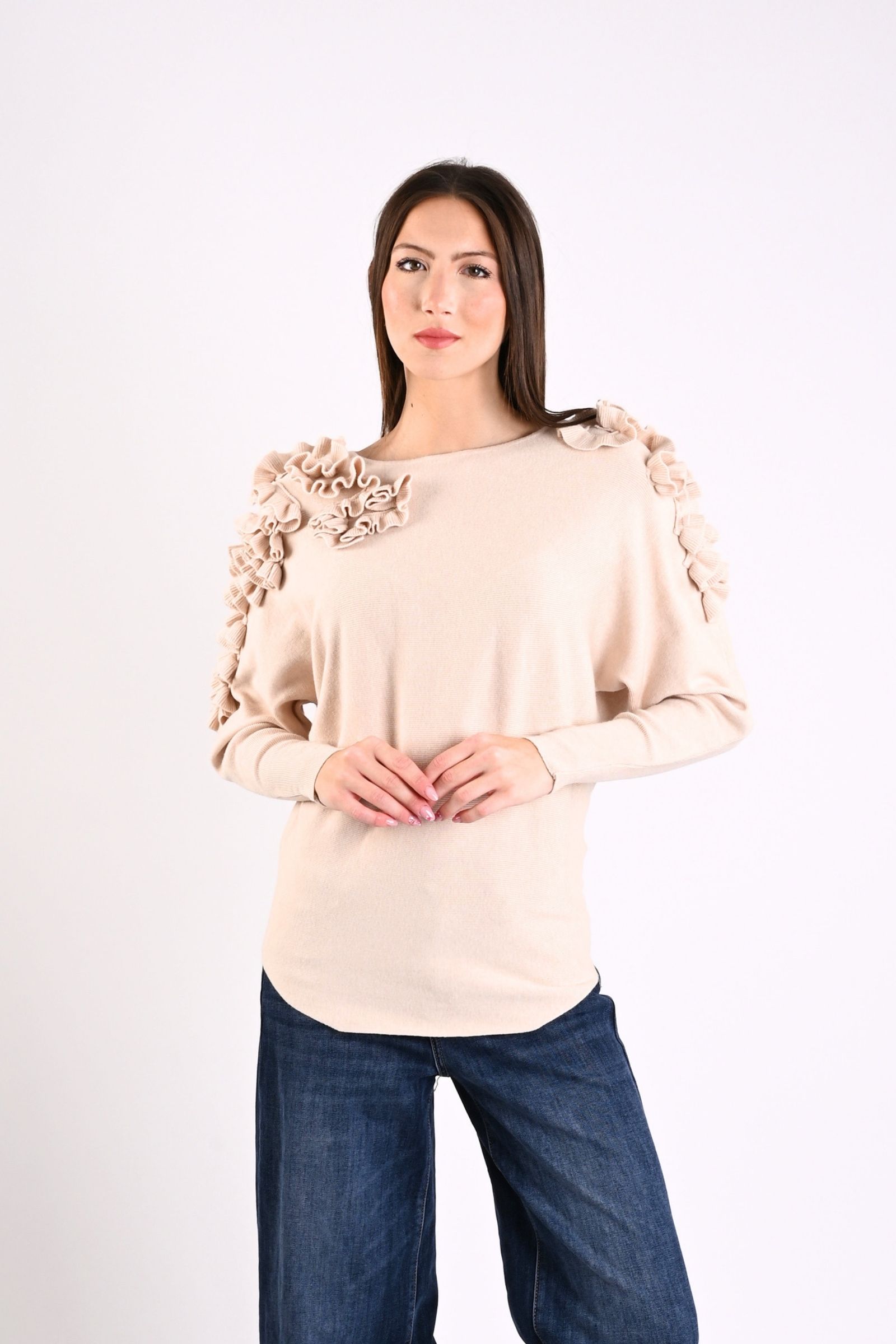 45 MAGLIA CON DECORAZIONI VOLANT SULLE SPALLE - Beige, TU