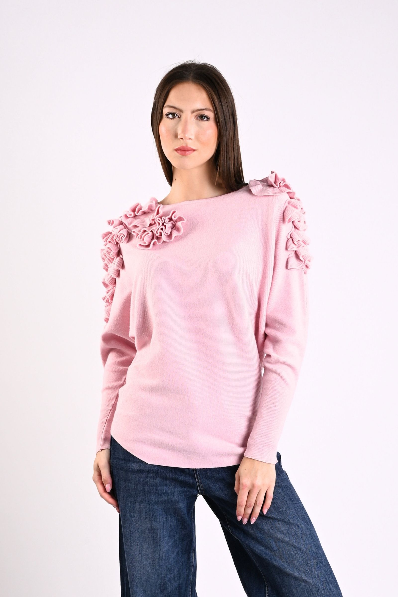 46 MAGLIA CON DECORAZIONI VOLANT SULLE SPALLE - Rosa, TU
