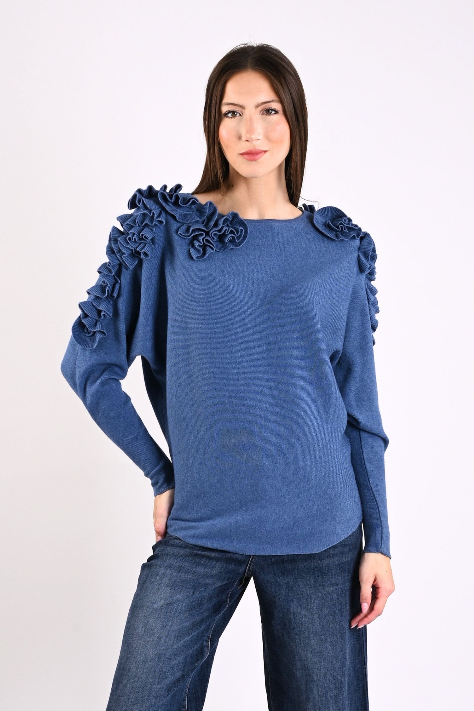 48 MAGLIA CON DECORAZIONI VOLANT SULLE SPALLE - Denim, TU