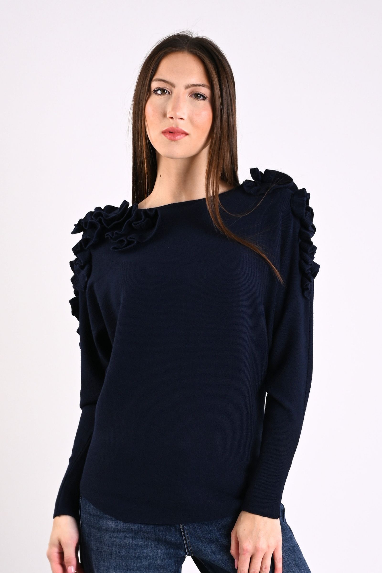 49 MAGLIA CON DECORAZIONI VOLANT SULLE SPALLE - Blu, TU