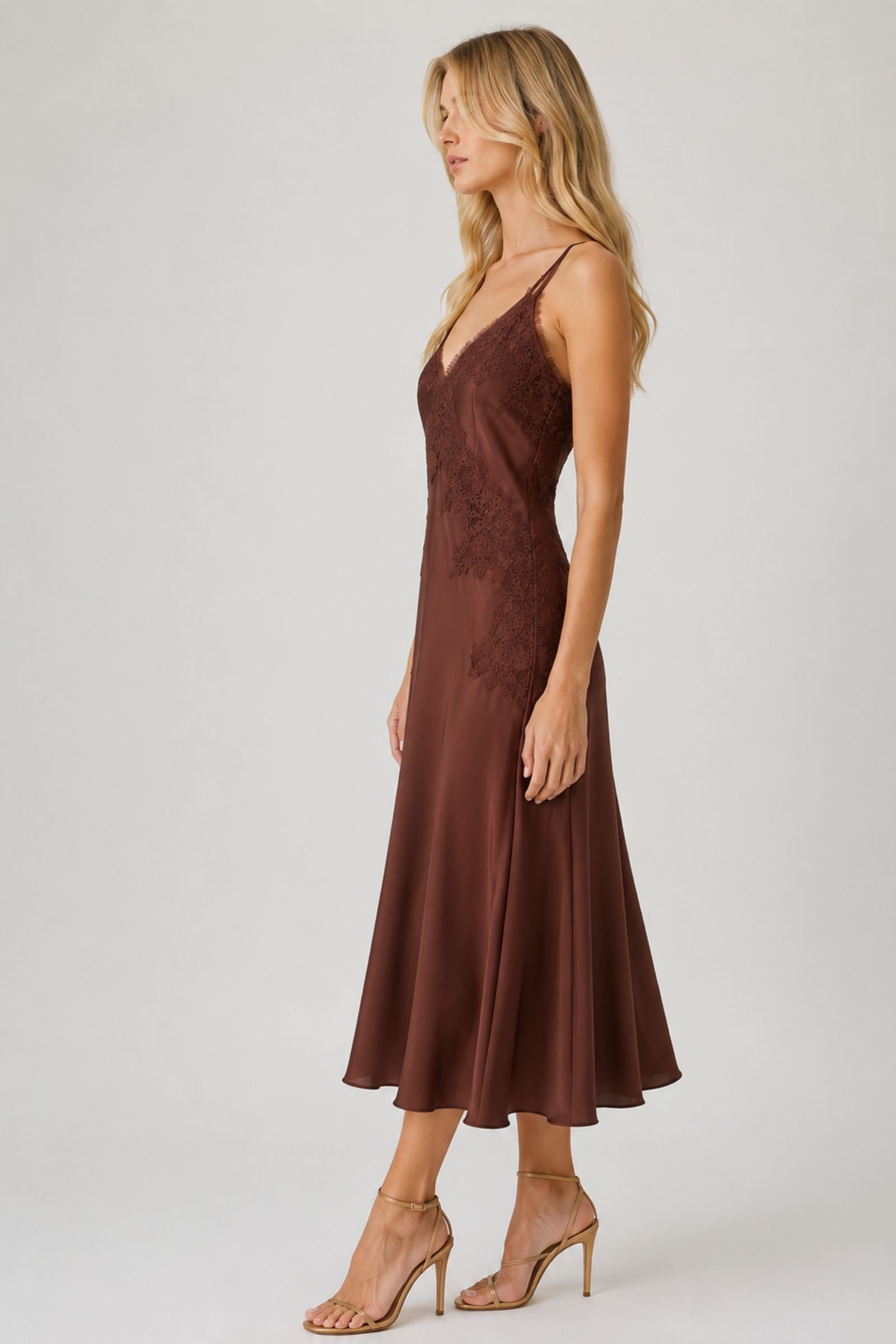 5 ABITO IN SATIN CON INSERTI IN PIZZO - Prugna, S