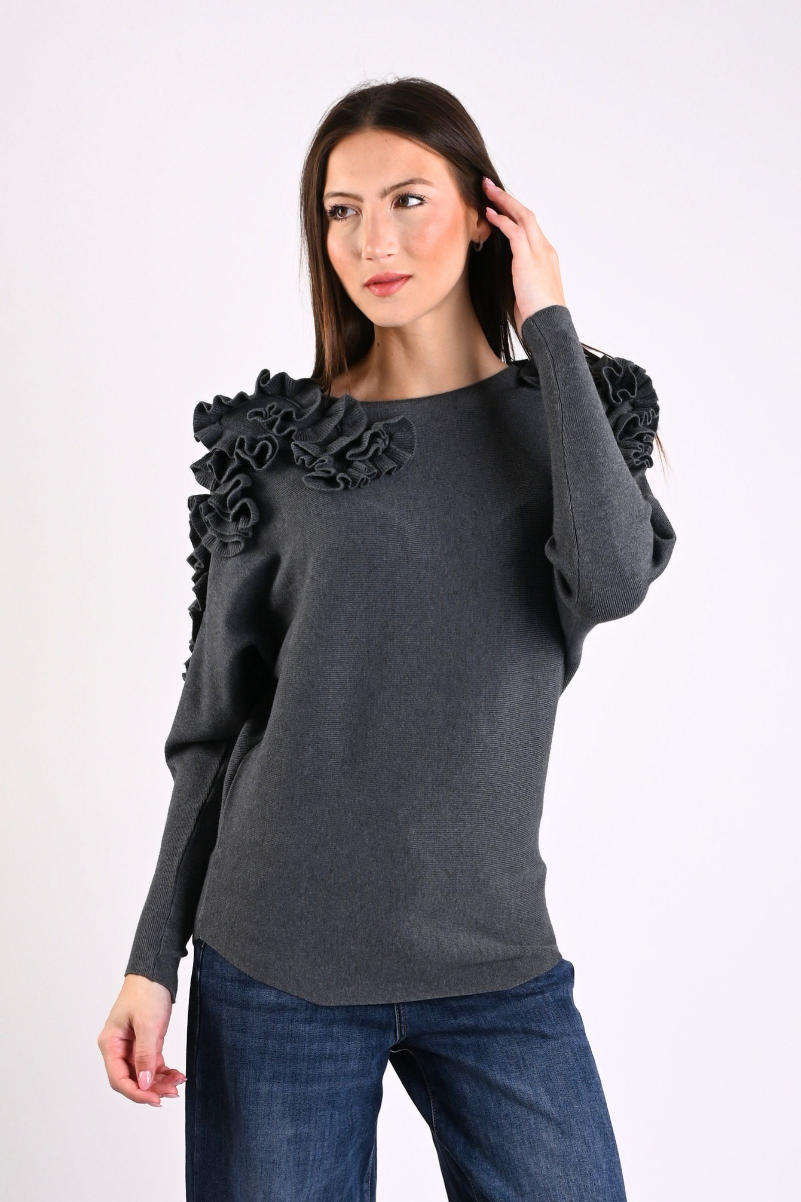 50 MAGLIA CON DECORAZIONI VOLANT SULLE SPALLE - Grigio, TU