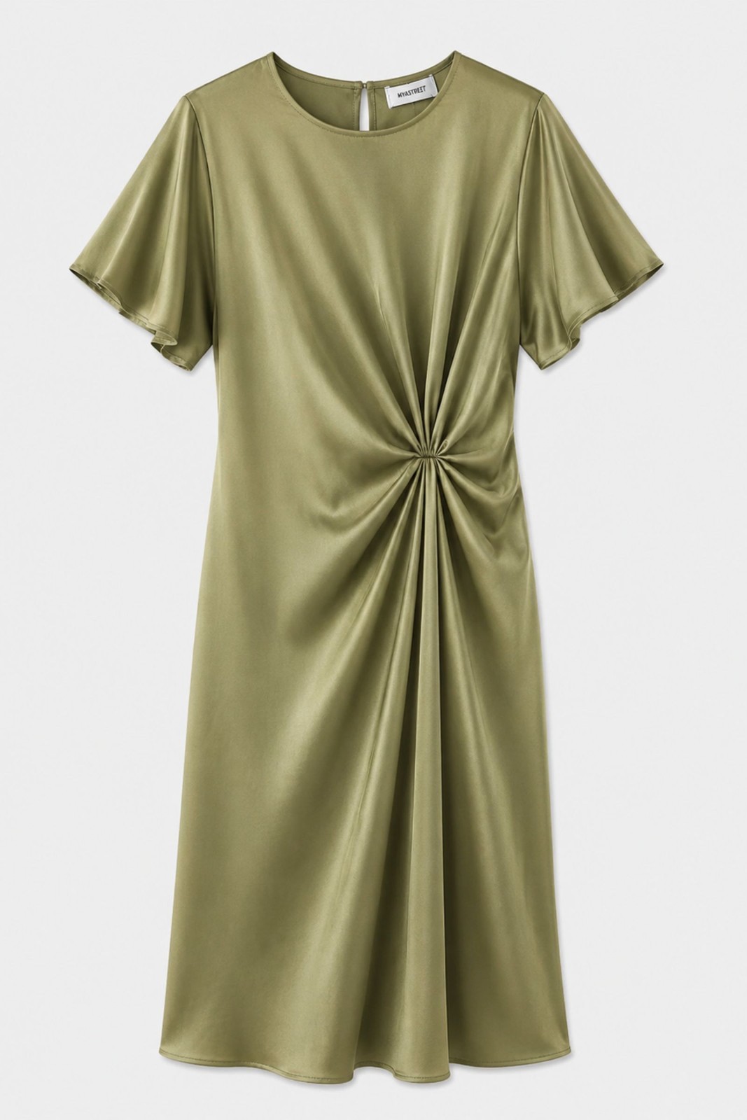 55 ABITO SATIN A MANICHE CORTE CON NODO LATERALE - Verde olive, S