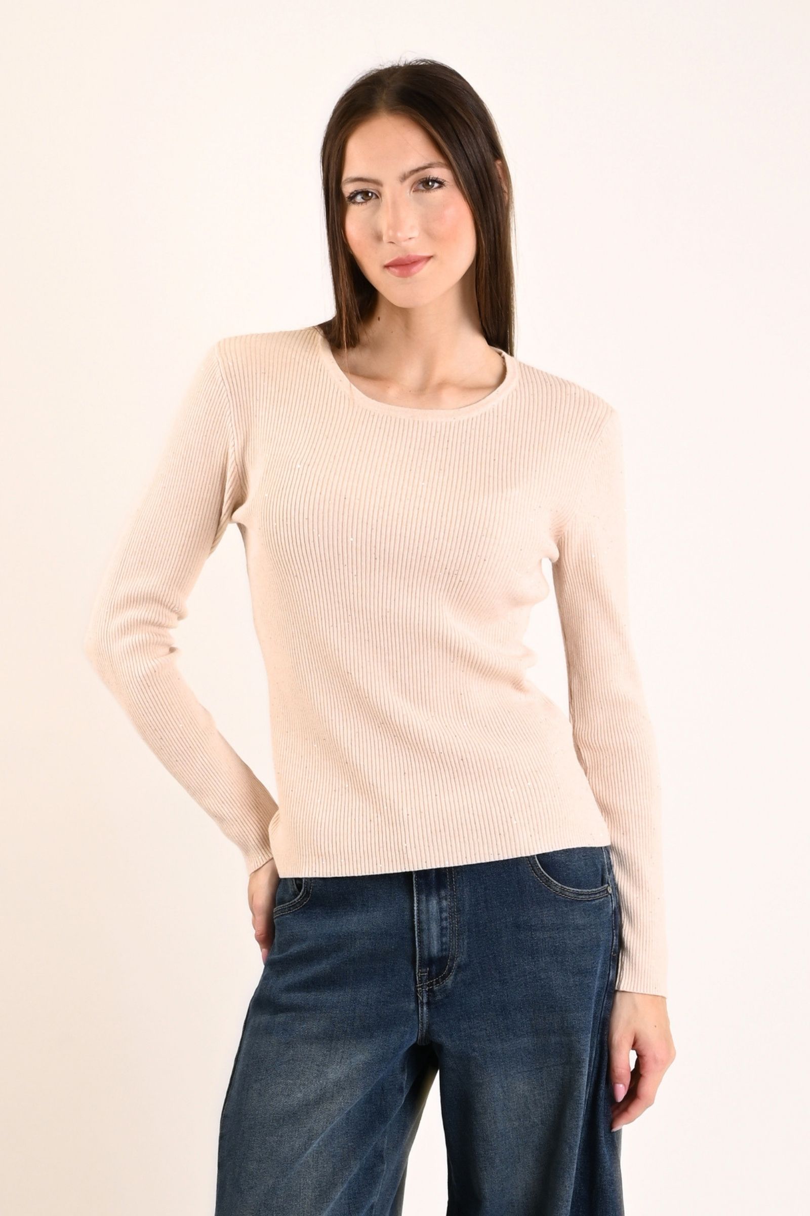 58 MAGLIA A COSTINE ADERENTE CON MICRO PAILLETTES - Beige, TU
