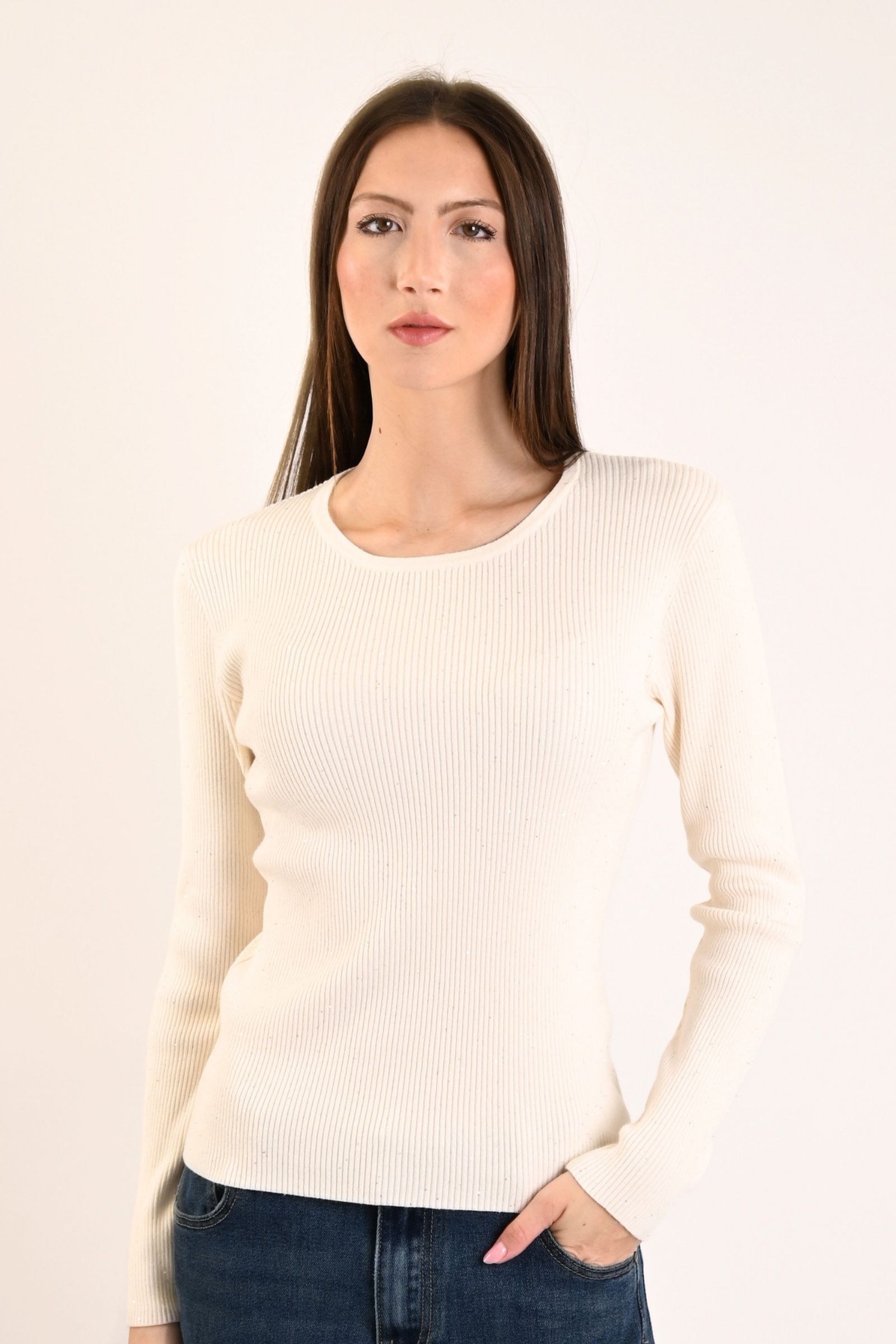59 MAGLIA A COSTINE ADERENTE CON MICRO PAILLETTES - Panna, TU