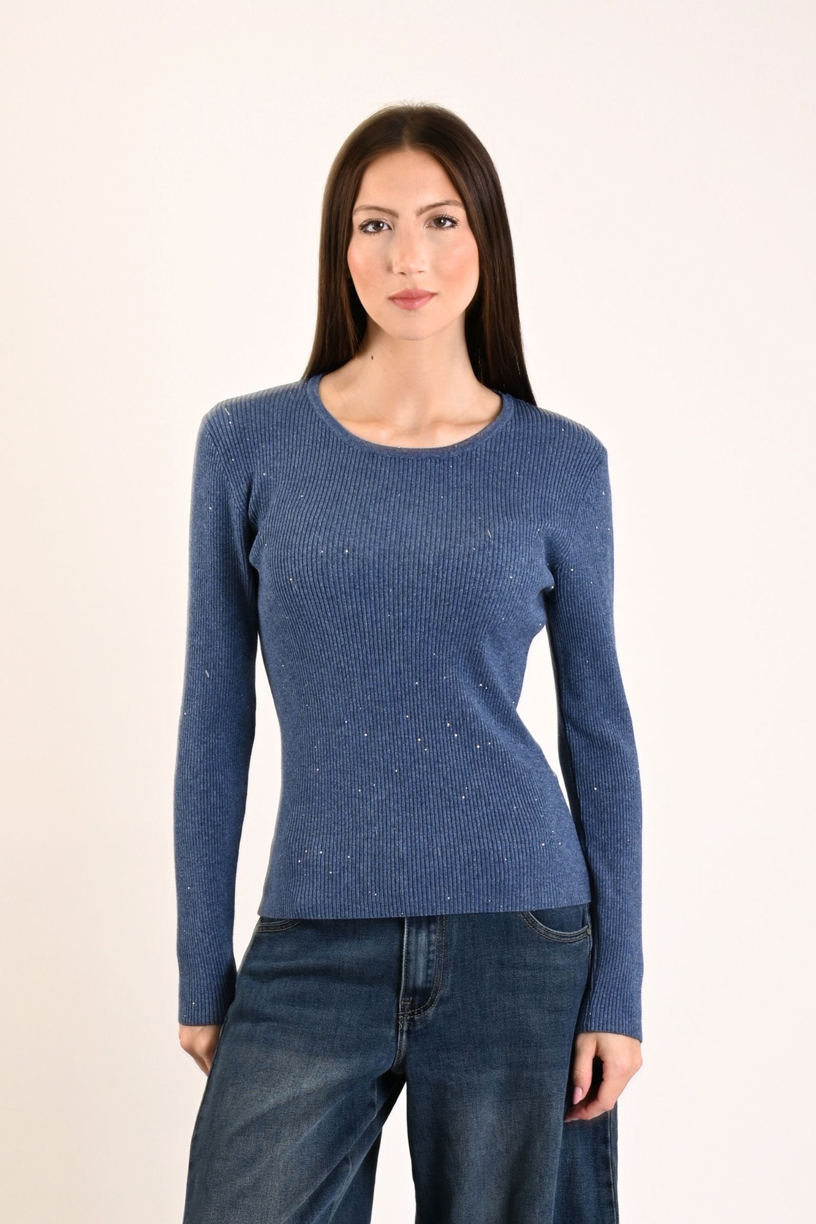 60 MAGLIA A COSTINE ADERENTE CON MICRO PAILLETTES - Denim, TU