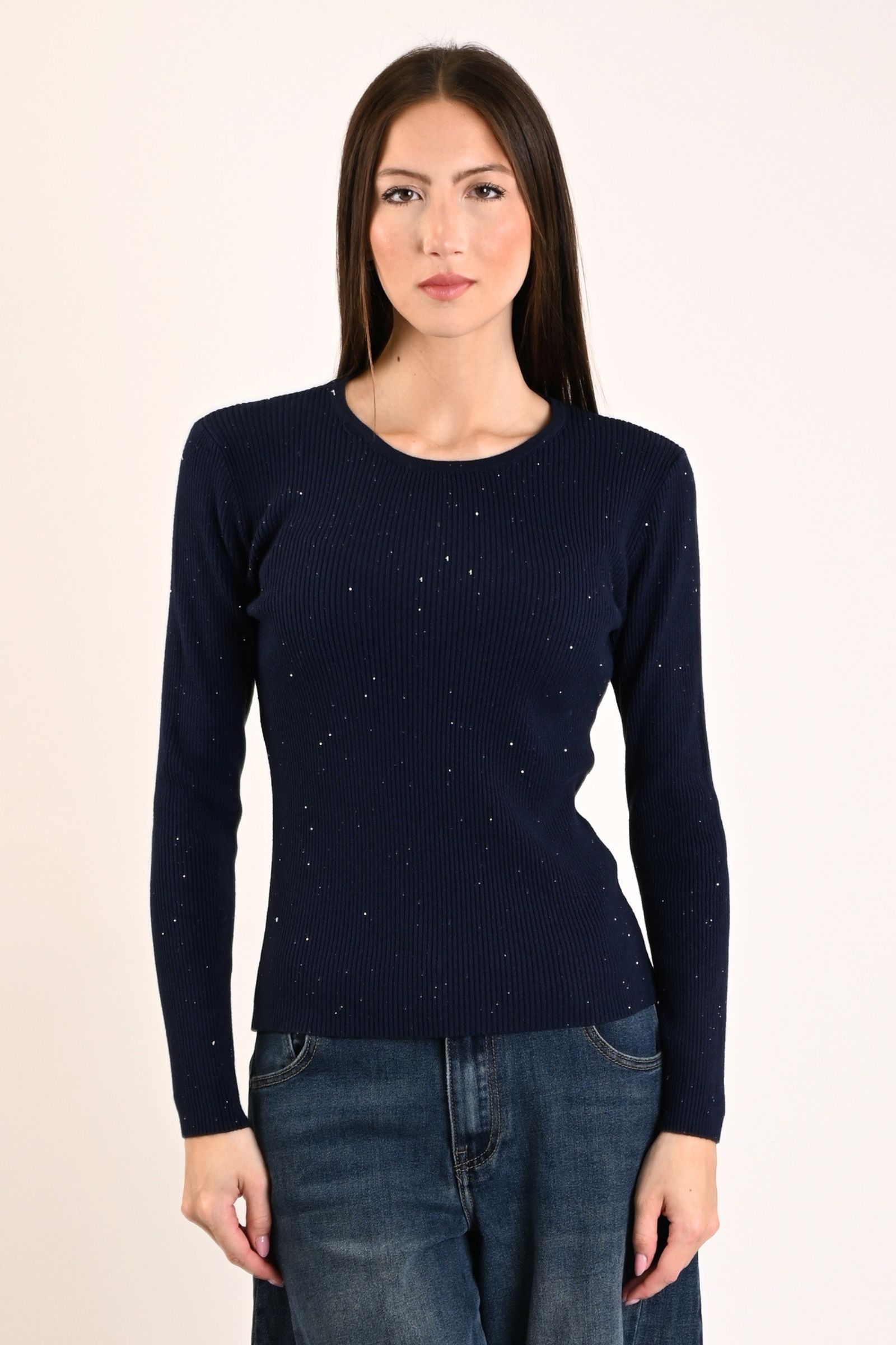 61 MAGLIA A COSTINE ADERENTE CON MICRO PAILLETTES - Blu, TU