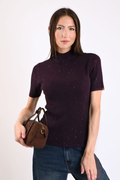 MAGLIA MEZZE MANICHE A COSTINE ADERENTE CON MICRO PAILLETTES