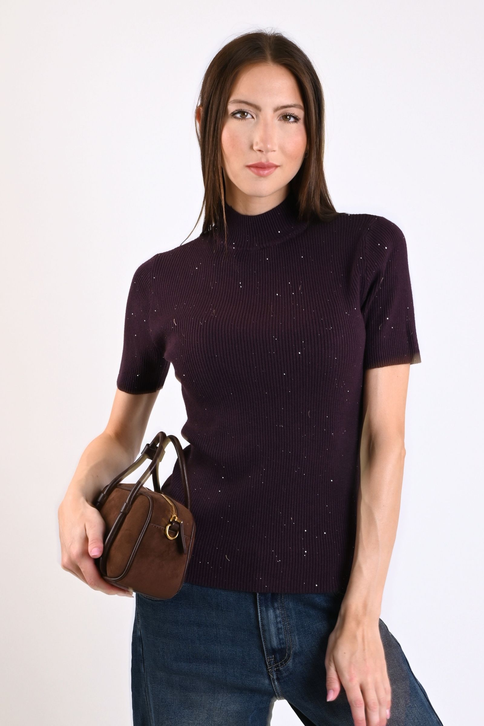 MAGLIA MEZZE MANICHE A COSTINE ADERENTE CON MICRO PAILLETTES