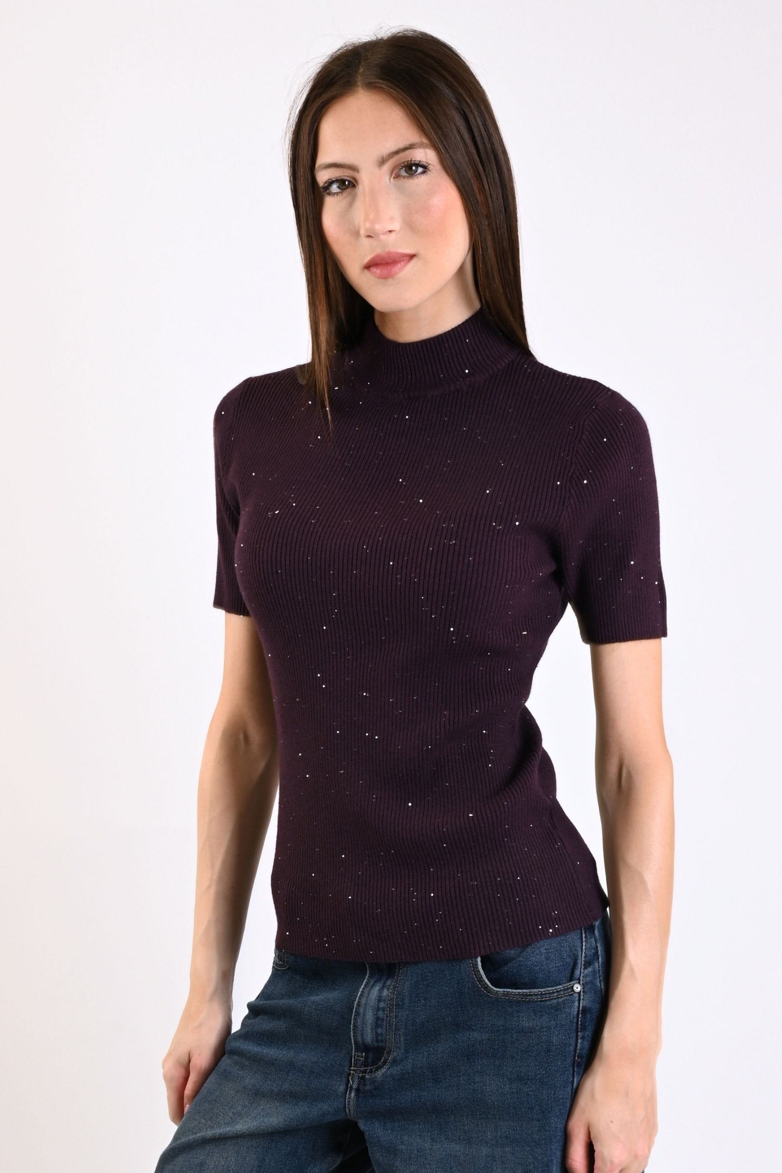 64 MAGLIA MEZZE MANICHE A COSTINE ADERENTE CON MICRO PAILLETTES - Prugna, TU