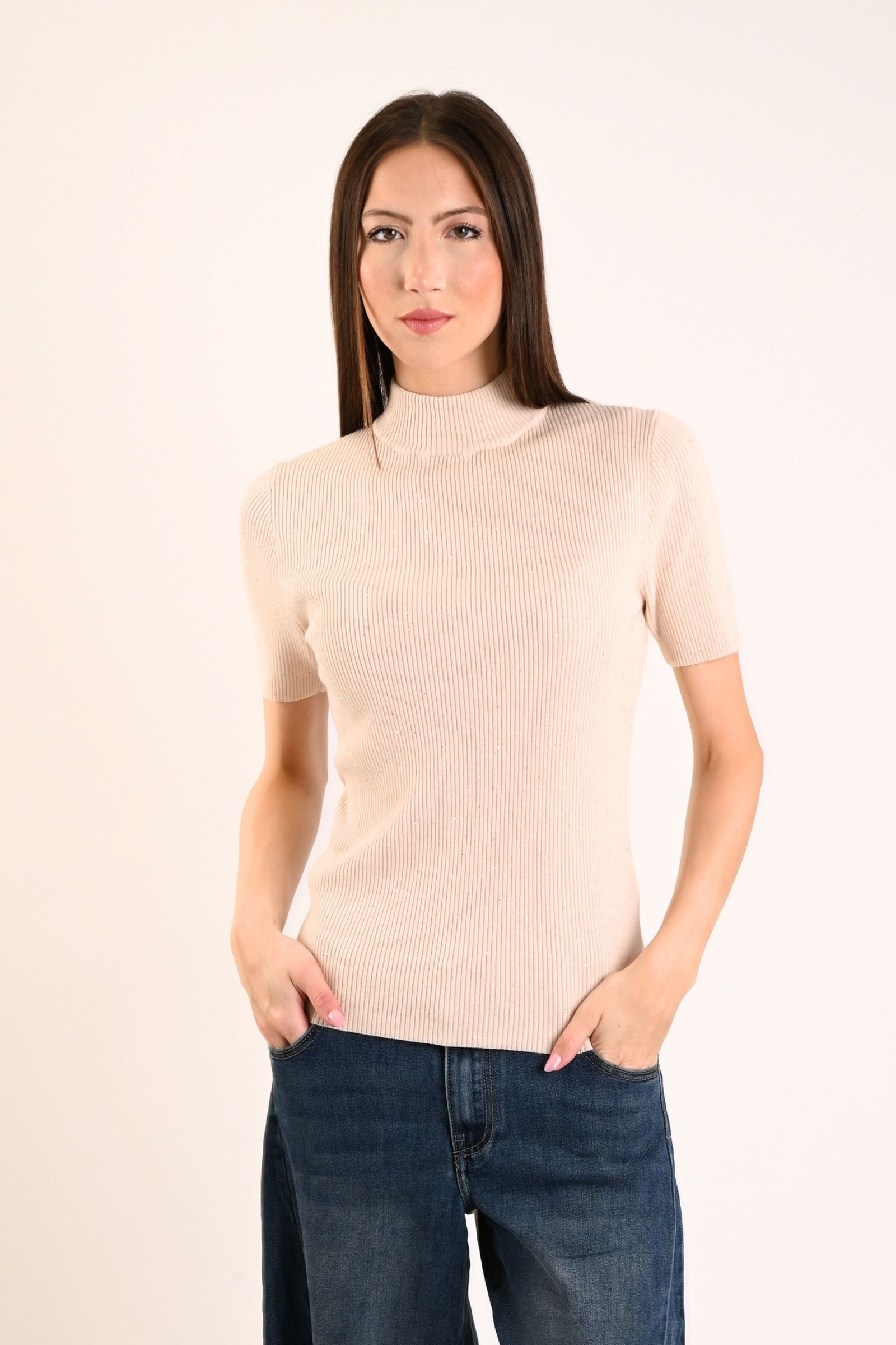 67 MAGLIA MEZZE MANICHE A COSTINE ADERENTE CON MICRO PAILLETTES - Beige, TU